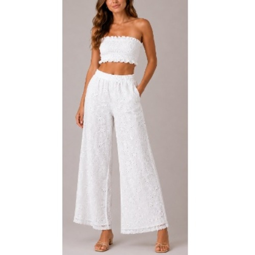 Hellomolly Women's White Wide Leg‎ Bayside Daydreaming Embroidered Pants Size L